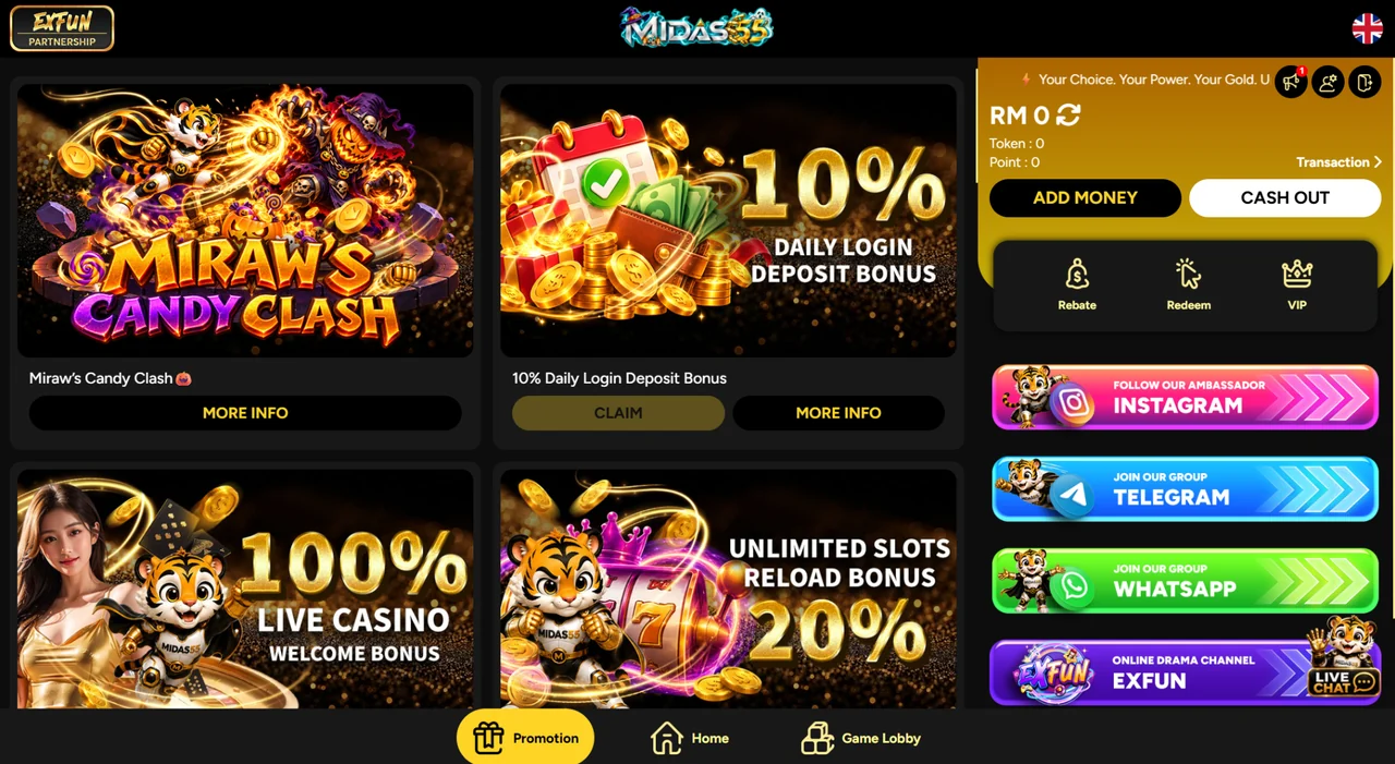 Midas55 promotions page with bonus cards and More Info buttons