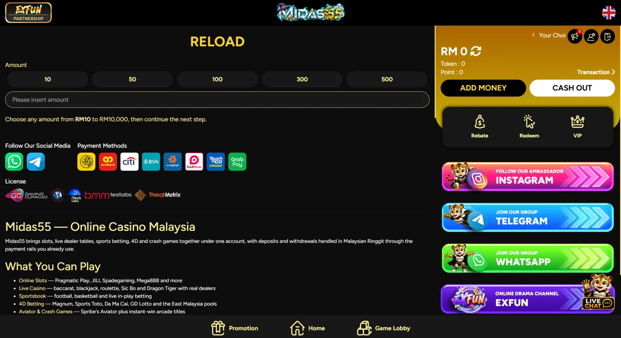 Midas55 Reload screen with preset deposit amounts and a custom amount field
