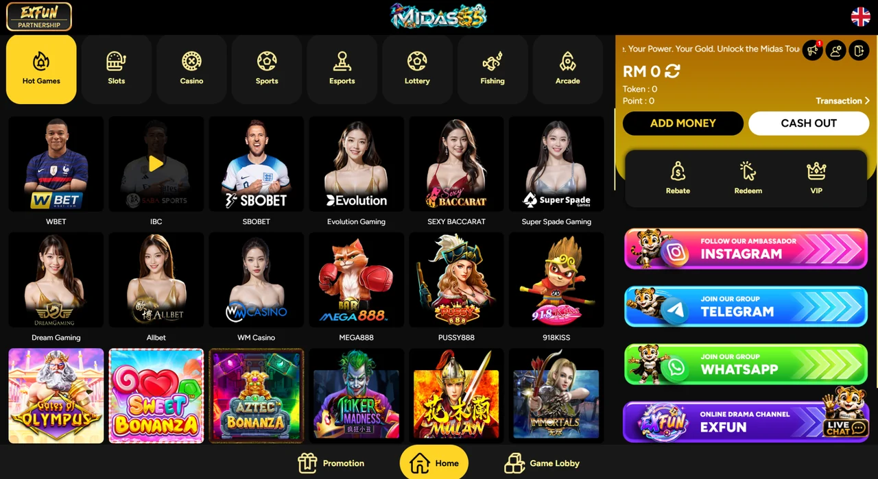 Midas55 member lobby after login with gaming categories, balance and account controls