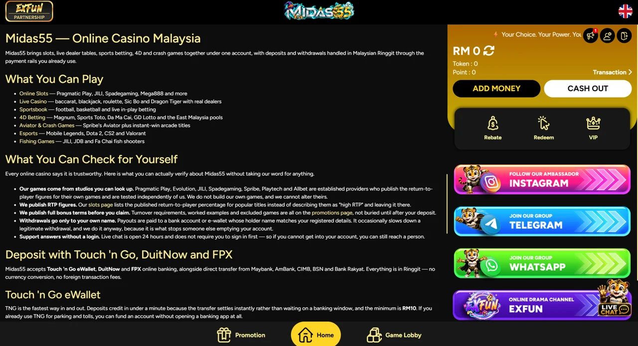 Midas55 platform introduction page describing games, account checks and payment options