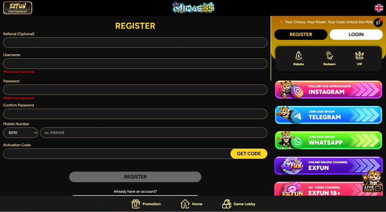 Midas55 registration form with account fields, mobile verification and required-field messages