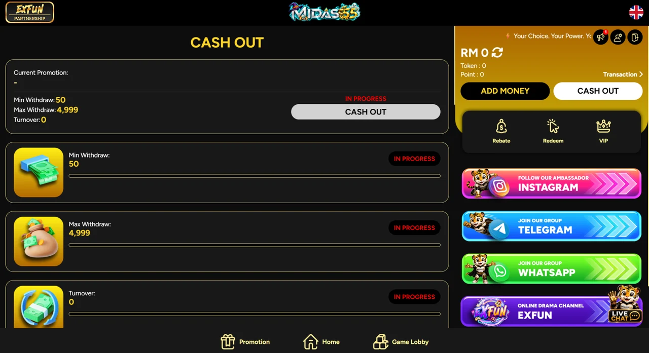 Midas55 Cash Out screen displaying withdrawal conditions and In Progress labels
